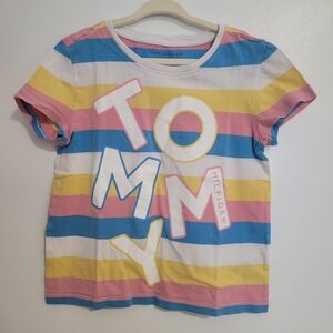 🧸2/20$ Tommy Hilfiger 6T Girls Pink Blue Striped Logo Tee Summer Colors